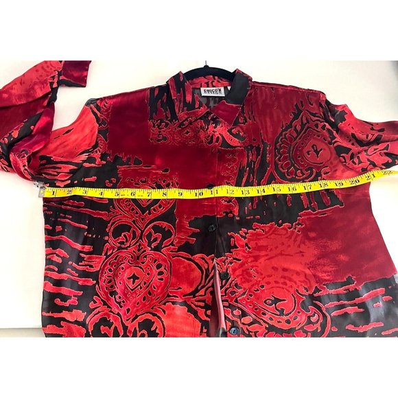 Chico's Design Sz 1 Red Black Floral Silk Top button Front Long Sleeve Split Hem - Picture 10 of 16